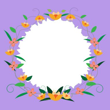 Blank purple Frame Decorated With Colorful Flowers And Foliage