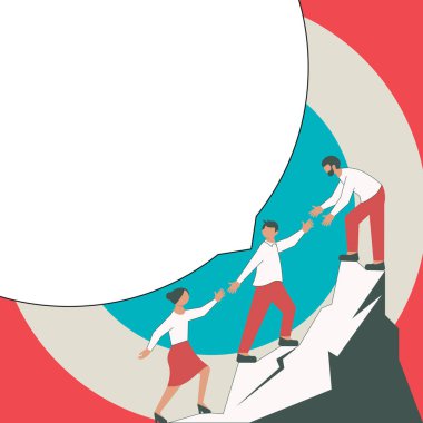 Thee Colleagues Climbing Upwards Mountain.White blank place for text.