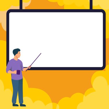 Man pointing with stick to important information written on whiteboard.