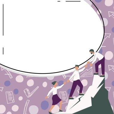 Thee Colleagues Climbing Upwards Mountain.White blank place for text.