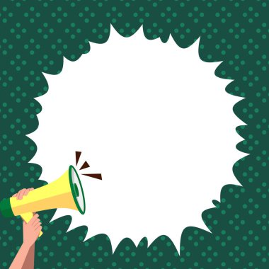 Hand Holding Megaphone With Speech Box Presenting Important Messages.