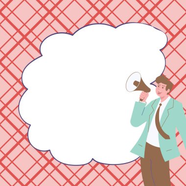 Businessman Show Message with megaphone. Displayed With Drawings Around.