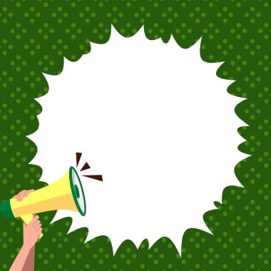 Hand Holding Megaphone With Speech Box Presenting Important Messages.