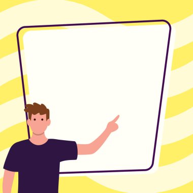 Man shows information on whiteboard. Finger pointing to table with words.