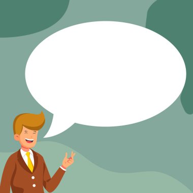 Bussinesman presenting news. White speech bubble contains new information.