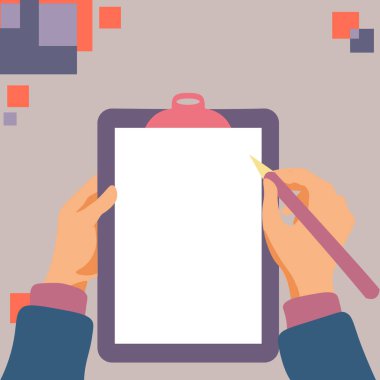 Illustration with hands holdings pencil writing text. New infromation.