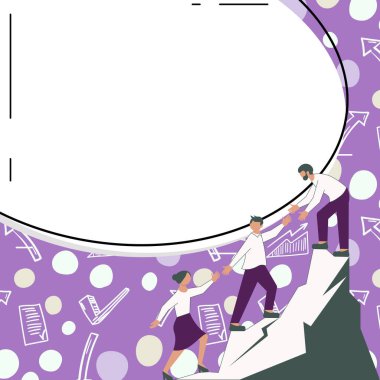 Thee Colleagues Climbing Upwards Mountain.White blank place for text.