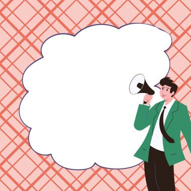 Businessman Show Message with megaphone. Displayed With Drawings Around.
