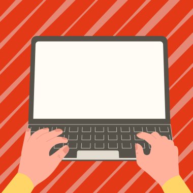 Hands typing text on keyboard. Laptop screen with important information.