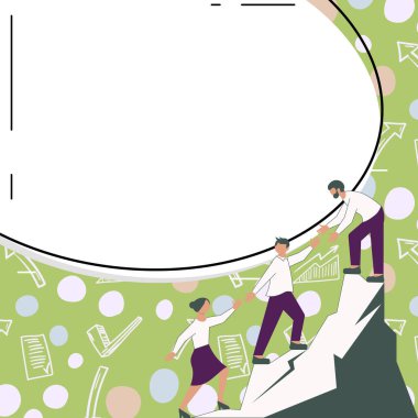 Thee Colleagues Climbing Upwards Mountain.White blank place for text.