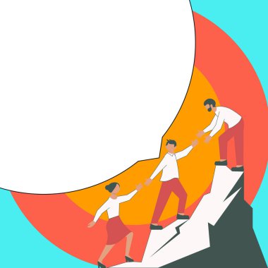 Thee Colleagues Climbing Upwards Mountain.White blank place for text.