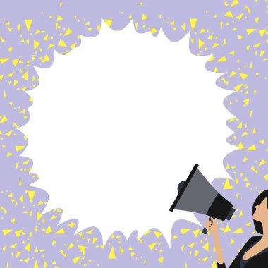 Woman Presenting Text with megaphone. Dialog box on brihgt background.