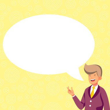 Bussinesman presenting news. White speech bubble contains new information.