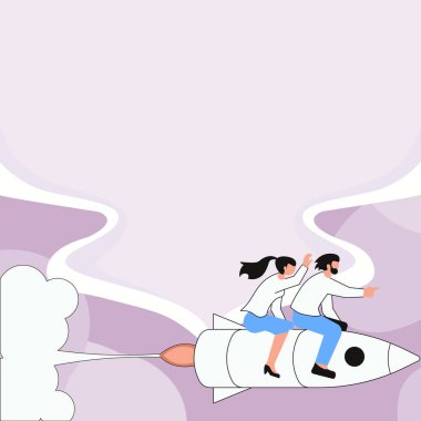 People on Rocket Ship Straight Up. Empty whiteboard on colored background.