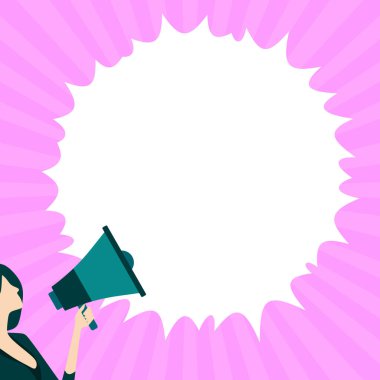 Woman Presenting Text with megaphone. Dialog box on brihgt background.