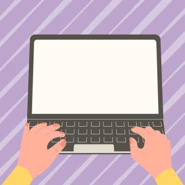 Hands typing text on keyboard. Laptop screen with important information.