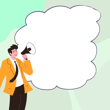 Businessman Show Message with megaphone. Displayed With Drawings Around.
