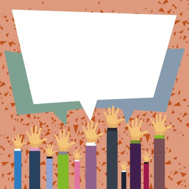 Hands pointing to whiteboard with information. Empty speech bubble.