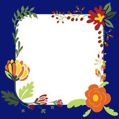 Renkli çiçekler ve ahenkli düzenlenmiş yeşilliklerle donatılmış çerçeve.