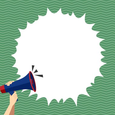 Hand Holding Megaphone With Speech Box Presenting Important Messages.