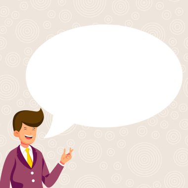 Bussinesman presenting news. White speech bubble contains new information.
