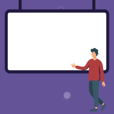 Man shows information on whiteboard. Finger pointing to table with words.