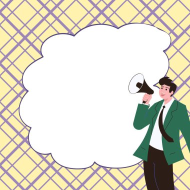 Businessman Show Message with megaphone. Displayed With Drawings Around.