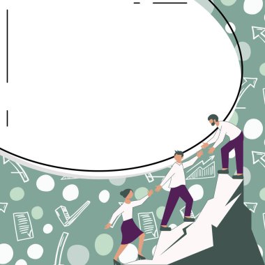 Thee Colleagues Climbing Upwards Mountain.White blank place for text.