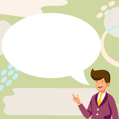 Bussinesman presenting news. White speech bubble contains new information.
