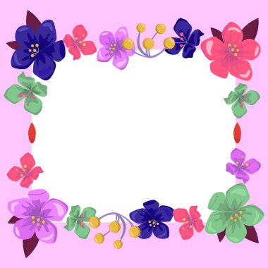 Blank purple Frame Decorated With Colorful Flowers And Foliage
