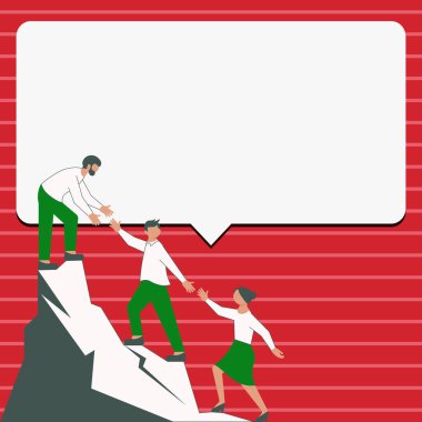 Thee Colleagues Climbing Upwards Mountain.White blank place for text.