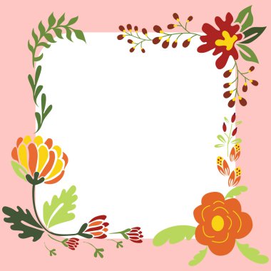 Pink Color. Text Frame Surrounded With Assorted Flowers Hearts And Leaves.