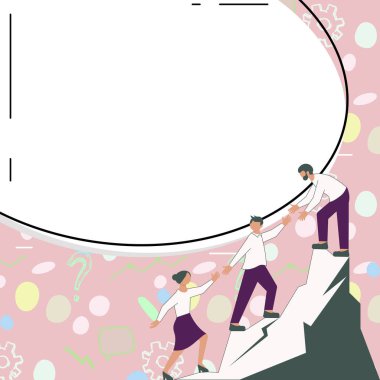 Thee Colleagues Climbing Upwards Mountain.White blank place for text.