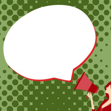 Woman Presenting Text with megaphone. Dialog box on brihgt background.