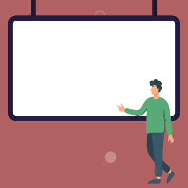 Man shows information on whiteboard. Finger pointing to table with words.