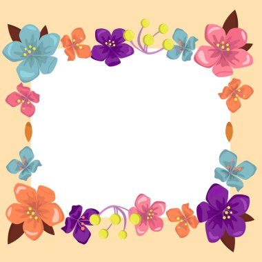 Frame Surrounded With Assorted Flowers Hearts And Leaves. Different Flowers