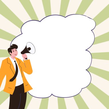 Businessman Show Message with megaphone. Displayed With Drawings Around.