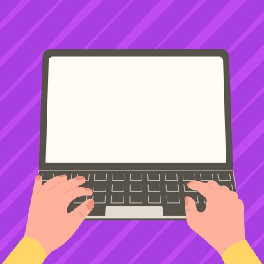 Hands typing text on keyboard. Laptop screen with important information.
