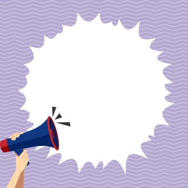 Hand Holding Megaphone With Speech Box Presenting Important Messages.