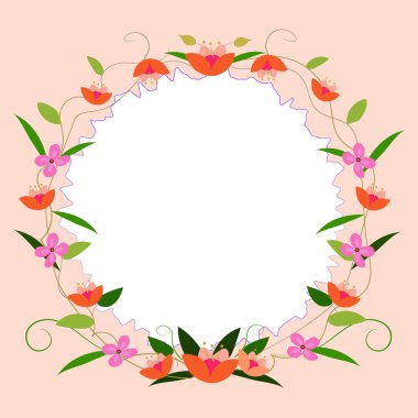 Circle Shape Orange Color. Text Frame Surrounded With Assorted Flowers