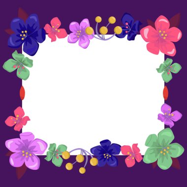 Renkli çiçekler ve ahenkli düzenlenmiş yeşilliklerle donatılmış çerçeve.