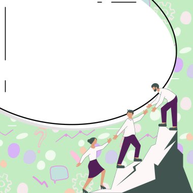 Thee Colleagues Climbing Upwards Mountain.White blank place for text.