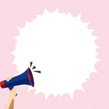 Hand Holding Megaphone With Speech Box Presenting Important Messages.
