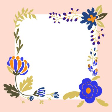 Square Shape Orange Color. Text Frame Surrounded With Assorted Flowers