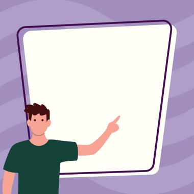 Man shows information on whiteboard. Finger pointing to table with words.