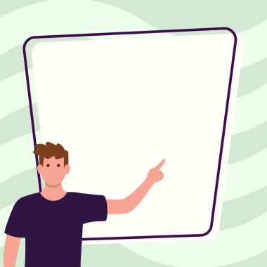 Man shows information on whiteboard. Finger pointing to table with words.