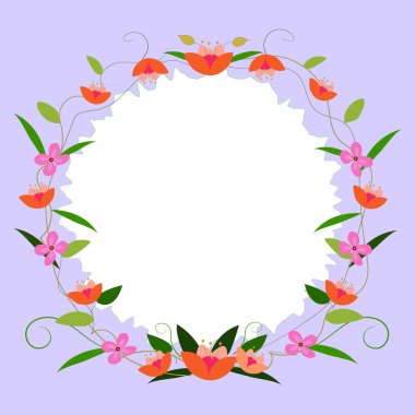 Blank purple Frame Decorated With Colorful Flowers And Foliage