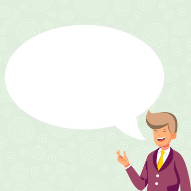 Bussinesman presenting news. White speech bubble contains new information.