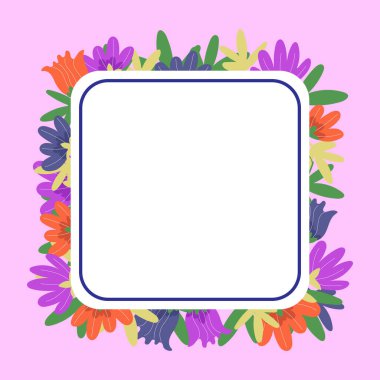 Blank purple Frame Decorated With Colorful Flowers And Foliage