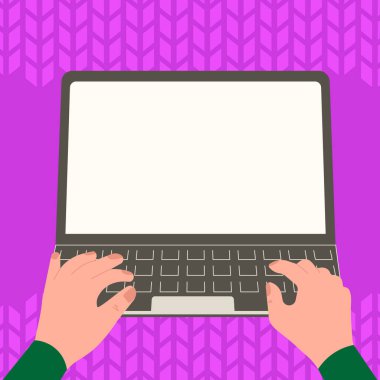 Hands typing text on keyboard. Laptop screen with important information.
